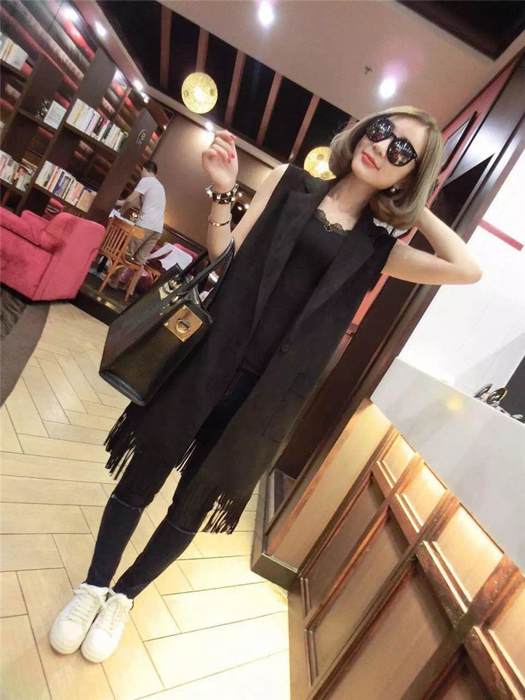 VLC 2015秋韩国麂皮复合绒流苏马甲背心秋冬女春秋中长款外套马夹潮 黑色 XXL