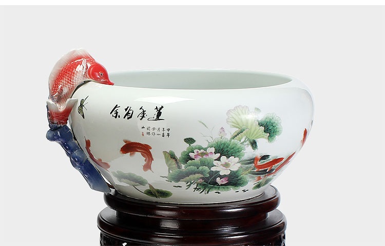 
                                        养荷花 水箱族包邮 景德镇陶瓷金鱼缸  手绘清荷过滤喷水风水乌龟缸 榆木底座风水摆件 D款                