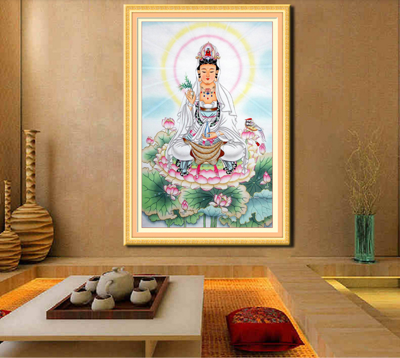 蒙娜丽莎十字绣走廊装饰画坐莲观音现代壁画客厅观世音菩萨法像新观音法像十字绣观音菩萨宗教墙画 大格棉线新观音法像84*12.