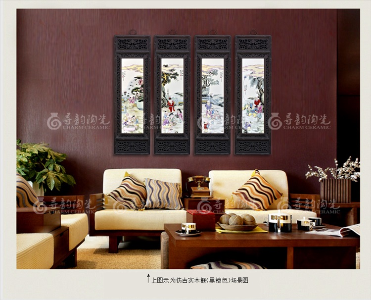 迪胜 景德镇陶瓷粉彩仿古瓷板画五子登科 中式装饰画客厅走廊壁画 仿古实木框红木色