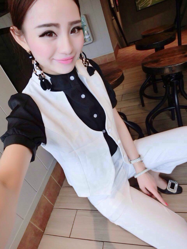 布咪朵2015新款女装时尚修身马甲高腰长裤套装1349T443B 黑色 S
