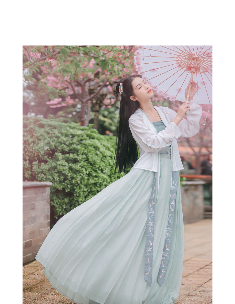 汉尚华莲传统汉服女装千寻清新花枝刺绣窄袖对襟襦裙浅绿色日常夏 上
