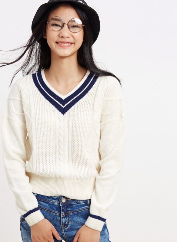 美特斯邦威2015秋装新款女装学院绞花毛衣228520 XZ 深海蓝 155/80A