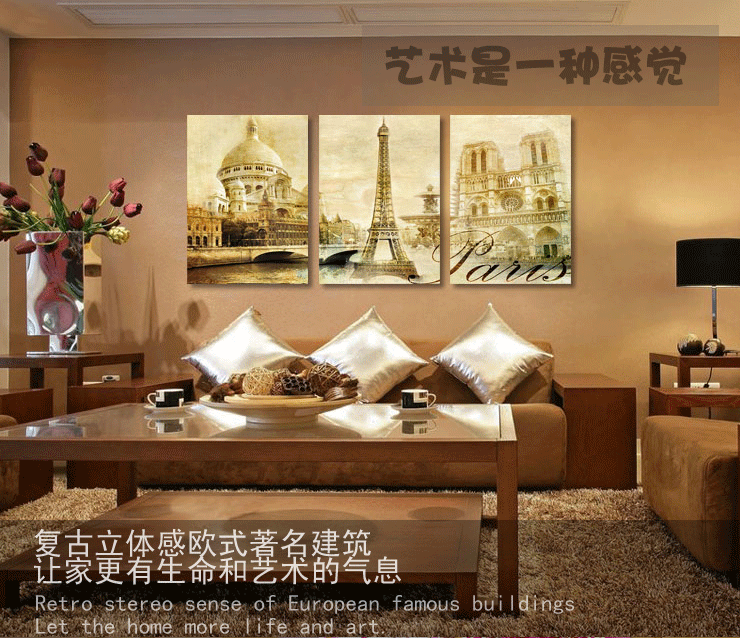 
                                        必画 中画家居 建筑无框画餐厅装饰画客厅现代三联画卧室欧式壁画墙画挂画 一套3幅 9mm厚布纹膜 40*60cm                