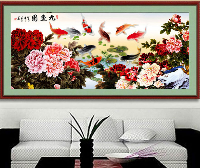 织巢鸟5D钻石画客厅新款花开富贵牡丹九鱼图钻石绣方钻满钻贴钻画客厅贴点钻石十字绣3d九鱼图 方钻满钻 250*110cm