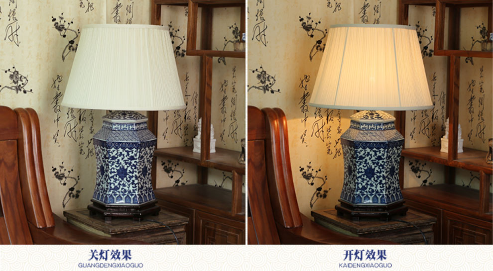 陶瓷客厅装饰台灯 卧室床头灯具  中式古典青花灯饰送光源  景德镇唐英 A款 六福临门
