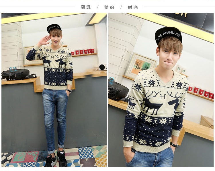 诺行 秋冬新款男装V领小鹿印花<em>毛衣男士</em>韩版休