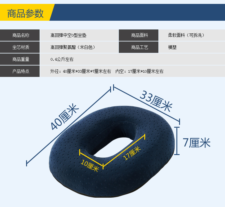 夏维怡 O型高弹力抗压记忆坐垫 办公开车椅垫 中空坐垫 久坐舒适透气垫圈 中空藏蓝 一个