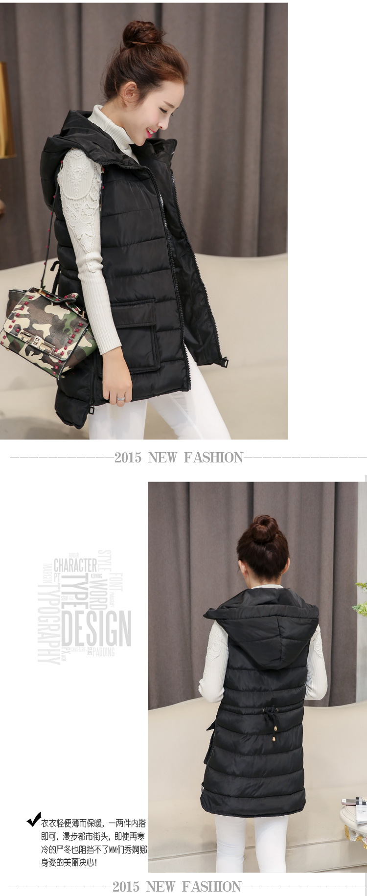 古芙琳2015新款韩版时尚休闲修身羽绒棉服马甲中长款连帽女马夹背心 酒红色 XXL