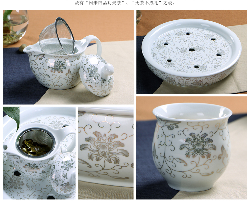 闽毓 茶具套装特价促销 双层陶瓷功夫茶具套装促销带茶盘隔热 水点桃花