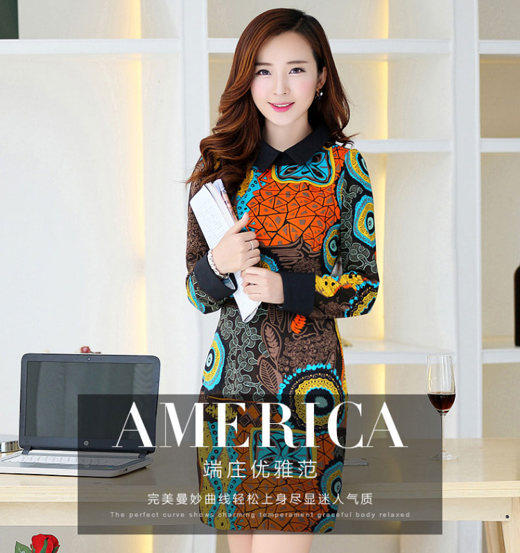 班米洛 2015秋冬季新品娃娃领长袖复古印花连衣裙 韩版女装修身打底裙子 黄色 2XL