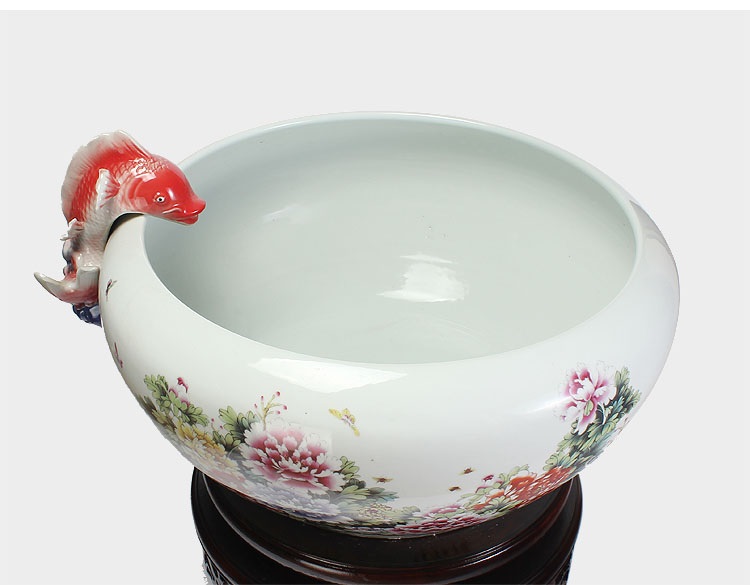 
                                        养荷花 水箱族包邮 景德镇陶瓷金鱼缸  手绘清荷过滤喷水风水乌龟缸 榆木底座风水摆件 D款                