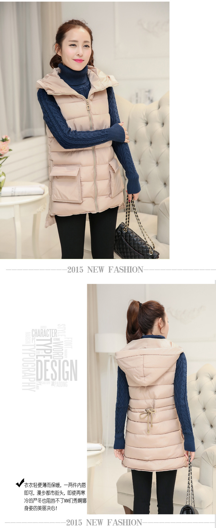 古芙琳2015新款韩版时尚休闲修身羽绒棉服马甲中长款连帽女马夹背心 酒红色 XXL