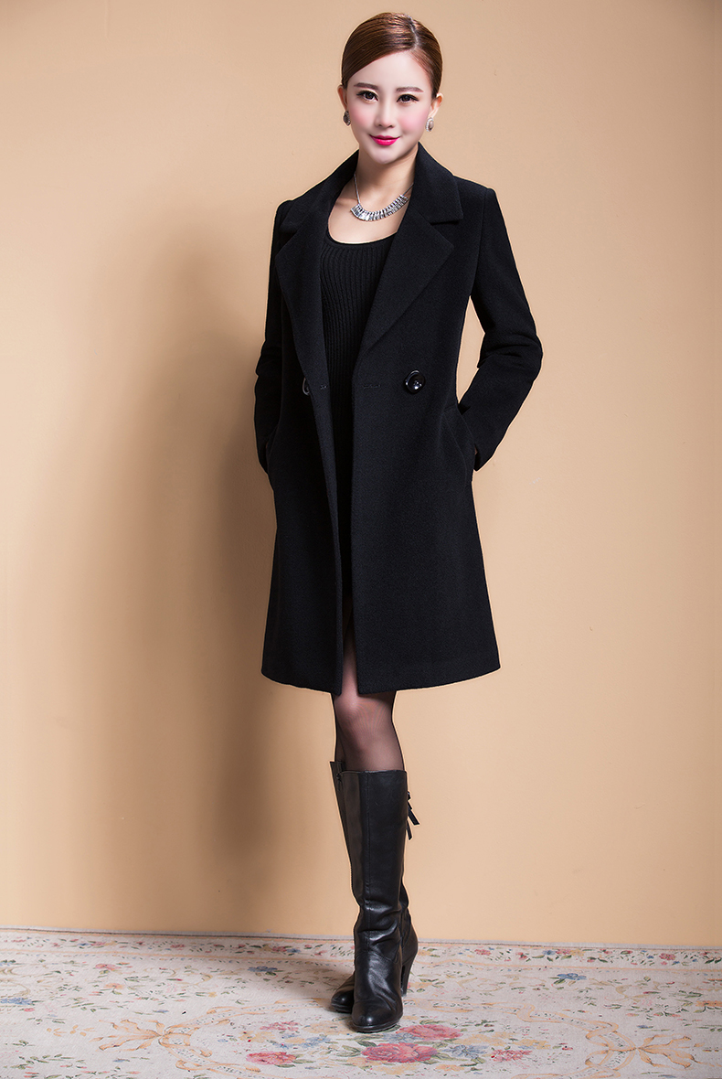 
                                                            艾莱度毛呢大衣女2017秋新款风衣大码女装韩版加厚中长款西装仿羊毛呢子外套 黑色 4XL                