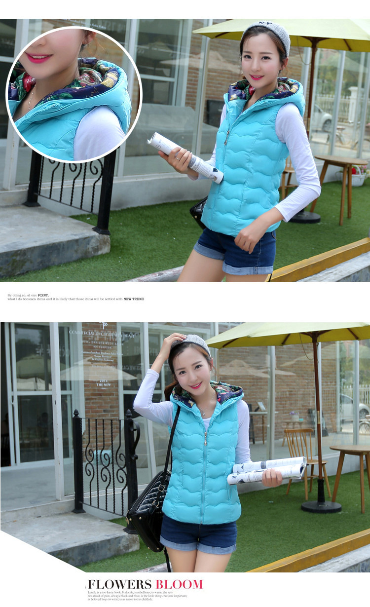 YN2015秋冬新款韩版印花短款羽绒服女马甲轻薄立领连帽背心羽绒棉外套 红色 XL
