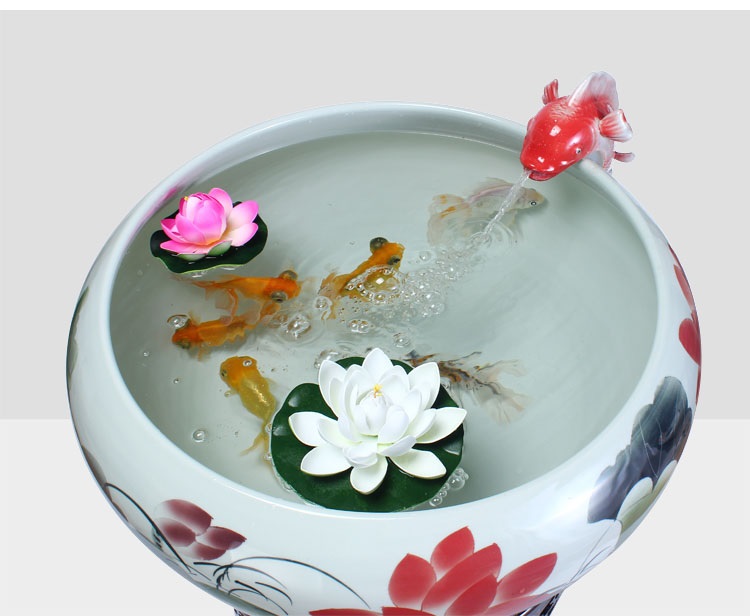 
                                        养荷花 水箱族包邮 景德镇陶瓷金鱼缸  手绘清荷过滤喷水风水乌龟缸 榆木底座风水摆件 D款                
