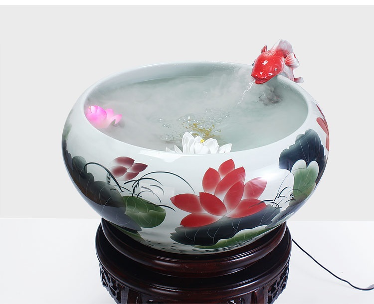 
                                        养荷花 水箱族包邮 景德镇陶瓷金鱼缸  手绘清荷过滤喷水风水乌龟缸 榆木底座风水摆件 D款                