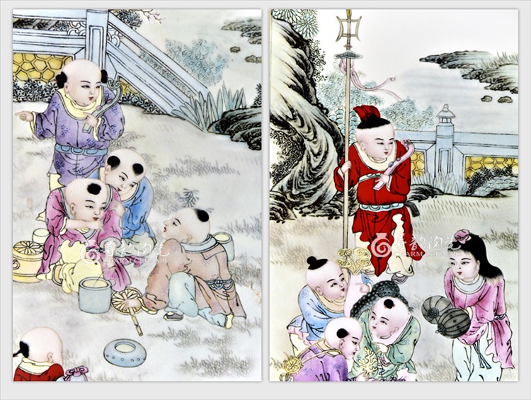 迪胜 景德镇陶瓷粉彩仿古瓷板画五子登科 中式装饰画客厅走廊壁画 仿古实木框红木色