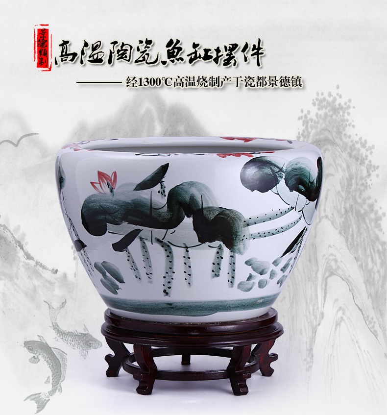 
                                        花盆水箱族陶瓷鱼缸包邮大号过滤喷泉景德镇乌龟缸金鱼缸 内外荷清香风水摆件 直径63cm高42cm                