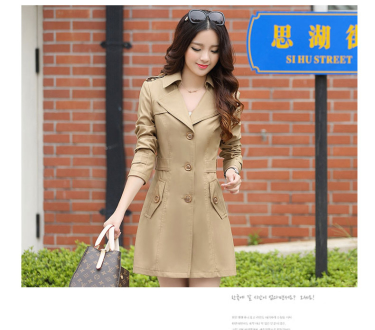ROWILCS诺威珂欧美时尚女装中长款风衣2015秋新款女装韩版长袖单排扣外套修身上衣潮 卡其 L