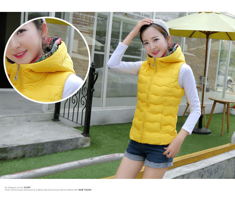 YN2015秋冬新款韩版印花短款羽绒服女马甲轻薄立领连帽背心羽绒棉外套 红色 XL