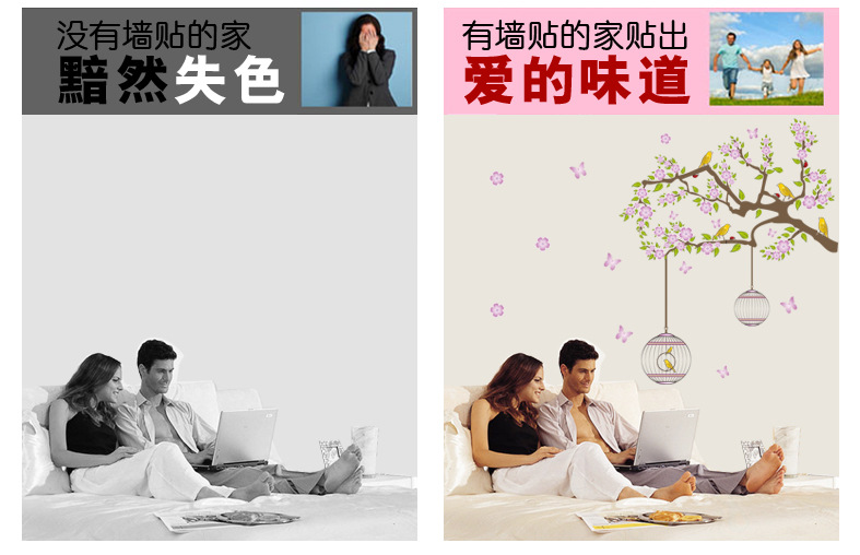 
                                        可移除墙贴饰 客厅卧室电视沙发背景 温馨浪漫 装饰贴纸壁贴墙画 花鸟                