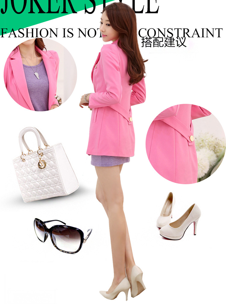 芭梵缇 2015秋装新款小西装女外套中长款大码修身显瘦长袖西服女装 橘粉色 M