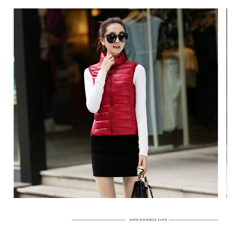 乔媞2015新款无袖羽绒服女轻薄马甲立领简约 修身显瘦背心时尚百搭加大码外套 酒红色 XL