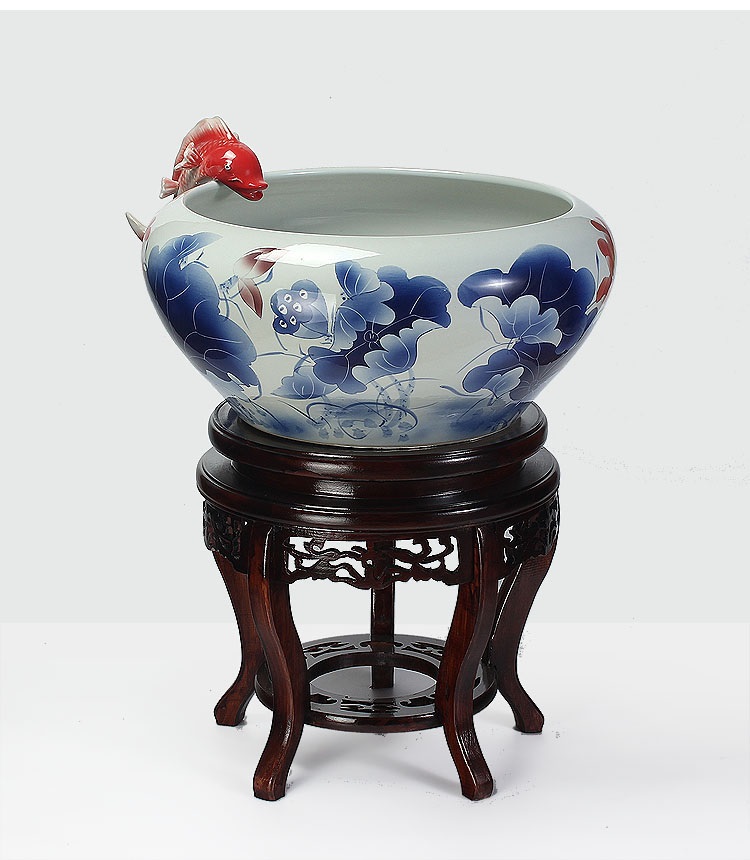 
                                        养荷花 水箱族包邮 景德镇陶瓷金鱼缸  手绘清荷过滤喷水风水乌龟缸 榆木底座风水摆件 D款                
