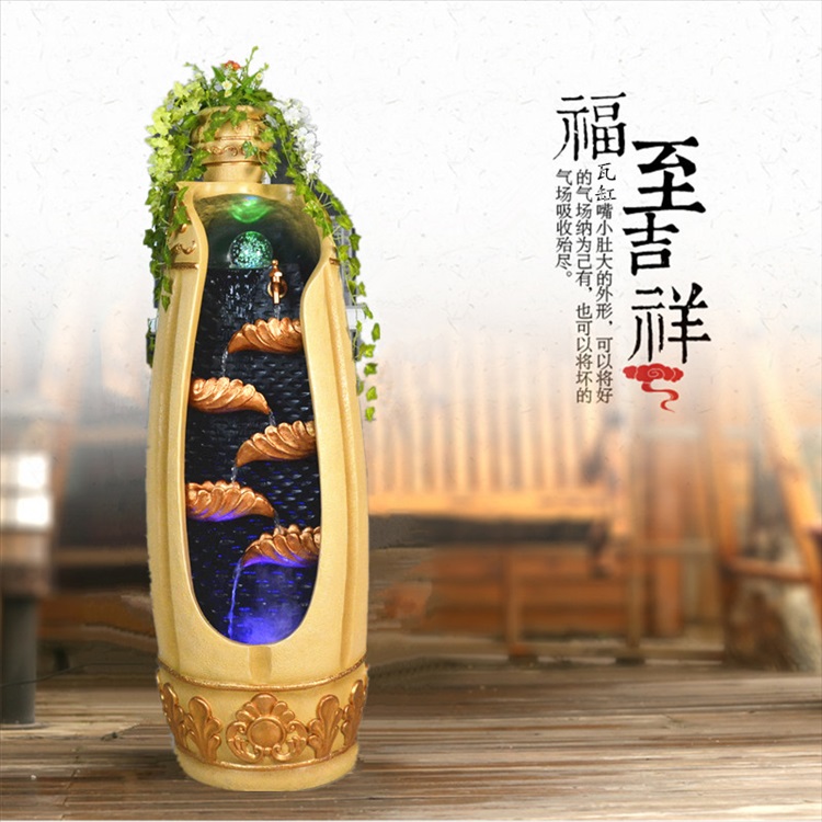 迪胜水喷泉工艺品落地风水轮招财摆件室内加湿器鱼缸盆景辟邪镇宅 中号棕色带雾化器