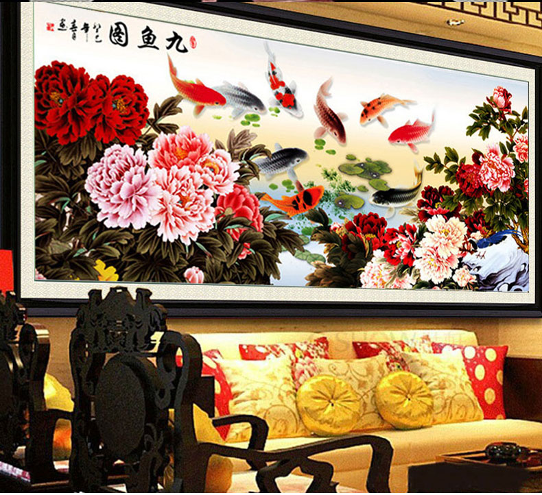 织巢鸟5D钻石画客厅新款花开富贵牡丹九鱼图钻石绣方钻满钻贴钻画客厅贴点钻石十字绣3d九鱼图 方钻满钻 250*110cm