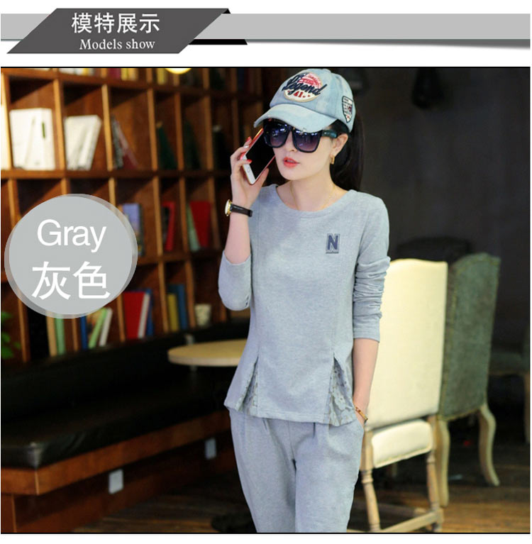 雨依念 2015秋季新款 韩版时尚休闲运动女套装 871 灰色 L