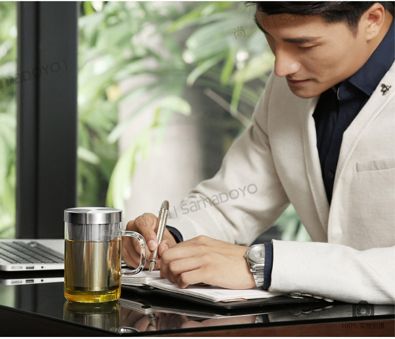 【618同价】尚明耐热玻璃杯 不锈钢过滤带盖泡茶杯 隔热玻璃茶杯 带把办公水杯 透明把柄500毫升