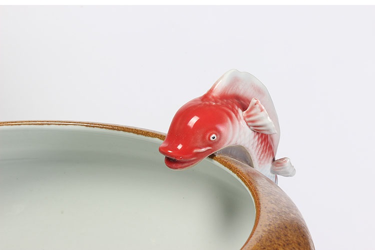 
                                        养荷花 水箱族包邮 景德镇陶瓷金鱼缸  手绘清荷过滤喷水风水乌龟缸 榆木底座风水摆件 D款                