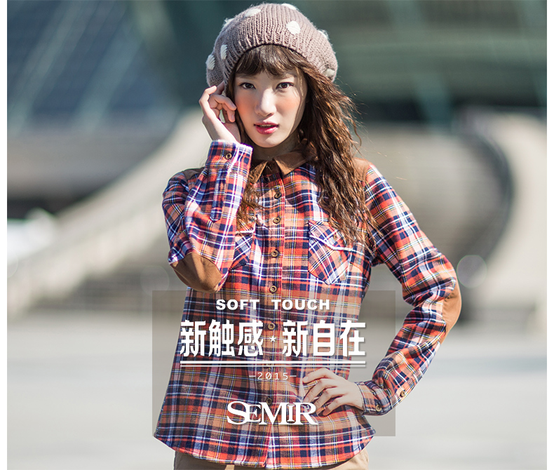 森马长袖衬衫 2015冬装新款 女士休闲方领拼接加绒格子衬衣韩版潮 红蓝色调0468 XL