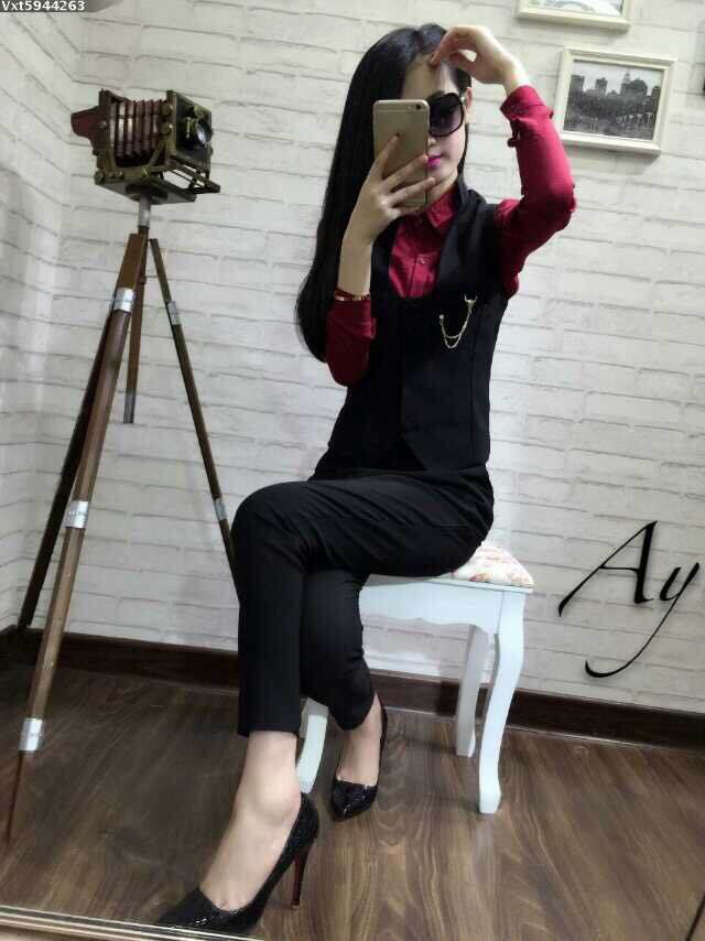 布咪朵2015新款女装时尚修身马甲高腰长裤套装1349T443B 黑色 S