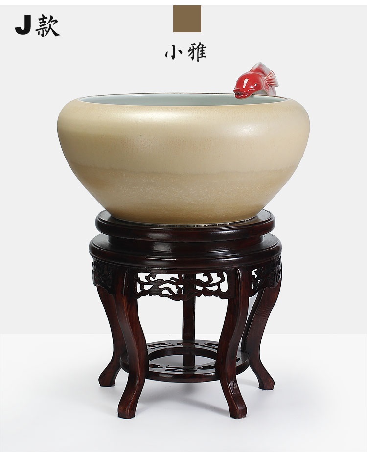 
                                        养荷花 水箱族包邮 景德镇陶瓷金鱼缸  手绘清荷过滤喷水风水乌龟缸 榆木底座风水摆件 D款                