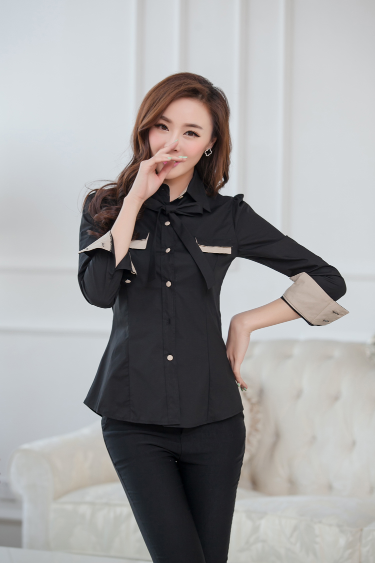 琪图2015秋装新款修身正装拼色长袖职业装 衬衣女 黑色 L