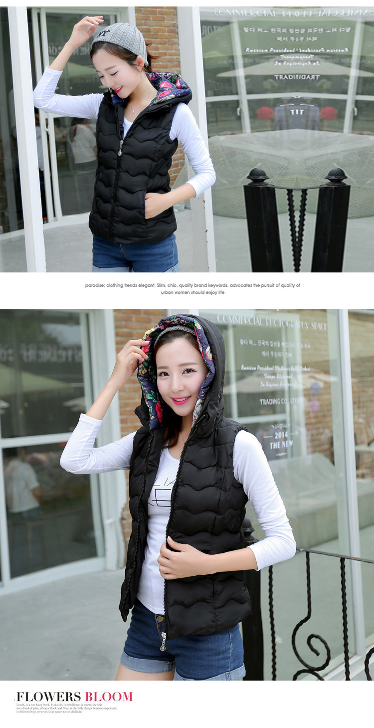 YN2015秋冬新款韩版印花短款羽绒服女马甲轻薄立领连帽背心羽绒棉外套 红色 XL