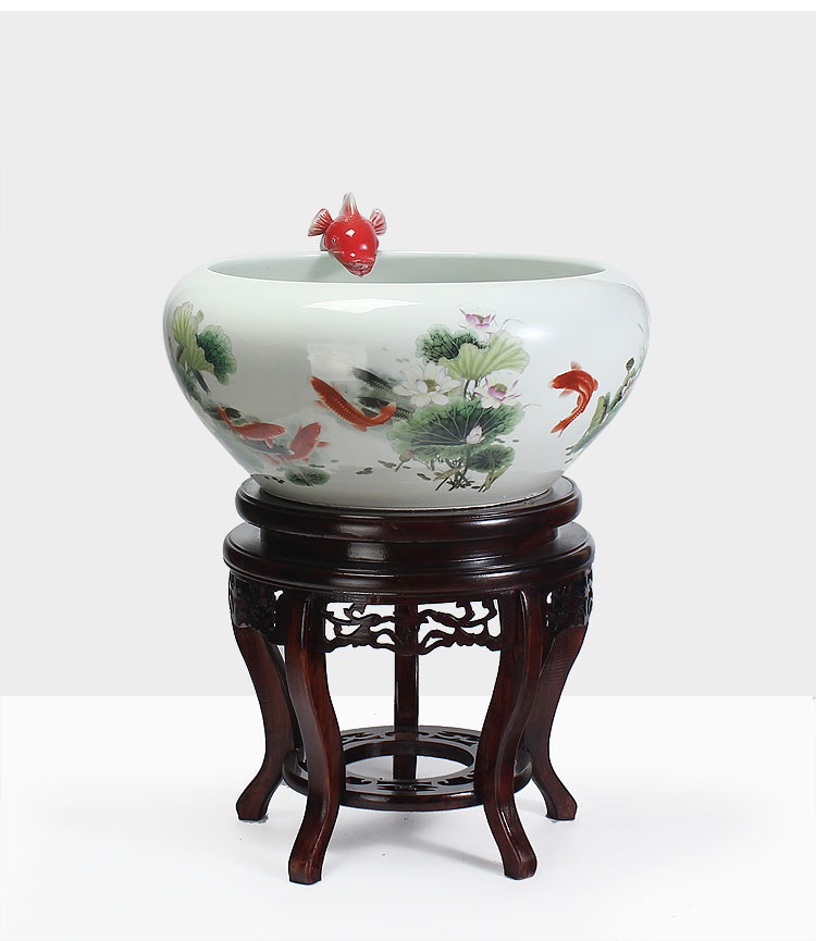 
                                        养荷花 水箱族包邮 景德镇陶瓷金鱼缸  手绘清荷过滤喷水风水乌龟缸 榆木底座风水摆件 D款                