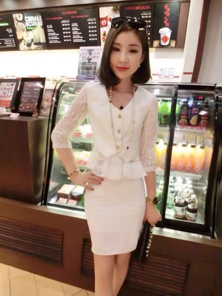 钰兮2015欧洲站新秋装新款名媛气质蕾丝拼接西服+包臀裙子8730# 黑色   S