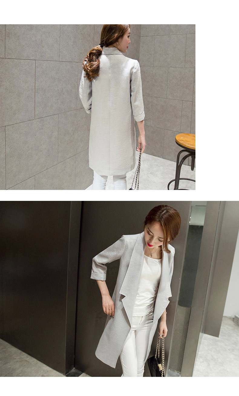 靓昕阁 2015秋季新品 韩版修身七分袖中长款休闲西服棉麻薄外套 9223 白色 L