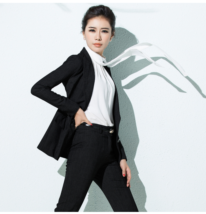 轻奢时尚品牌女装 诺威珂2015秋冬新款长袖修身女士正装裤西装职业女装套 黑西装+黑西裤 S