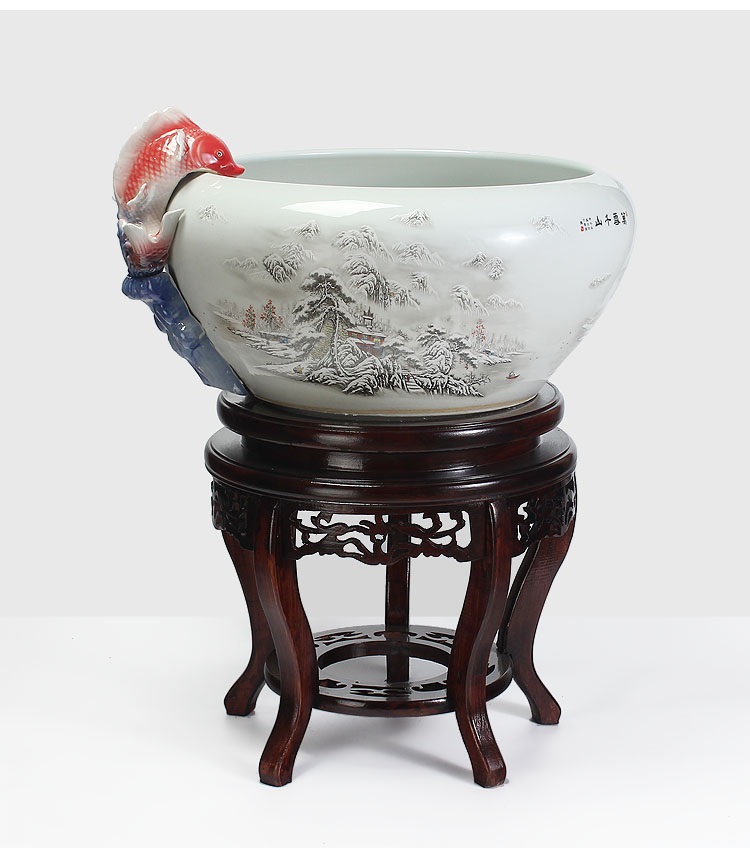 
                                        养荷花 水箱族包邮 景德镇陶瓷金鱼缸  手绘清荷过滤喷水风水乌龟缸 榆木底座风水摆件 D款                