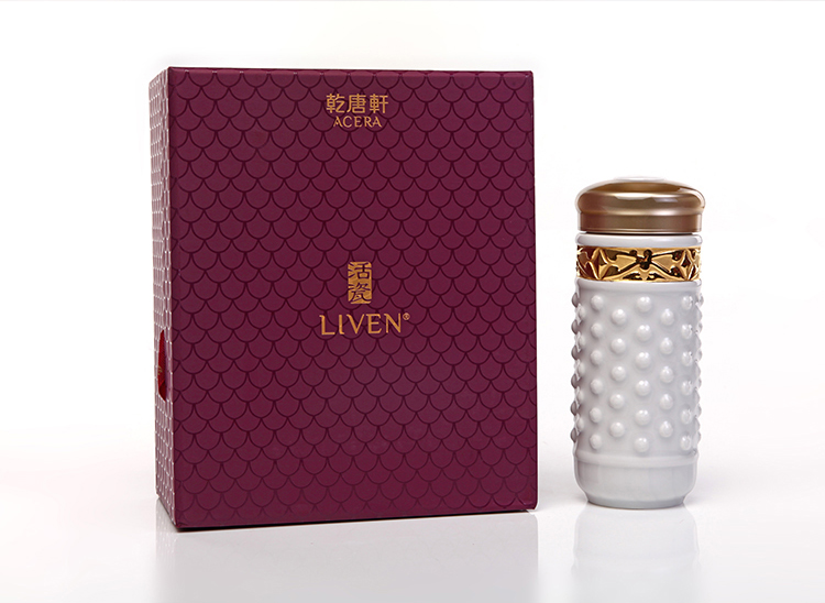 乾唐轩活瓷杯 鎏金大乾坤随身杯 双层陶瓷茶杯 水杯 带盖随手杯 商务礼品 企业团购订制 宝石蓝+金