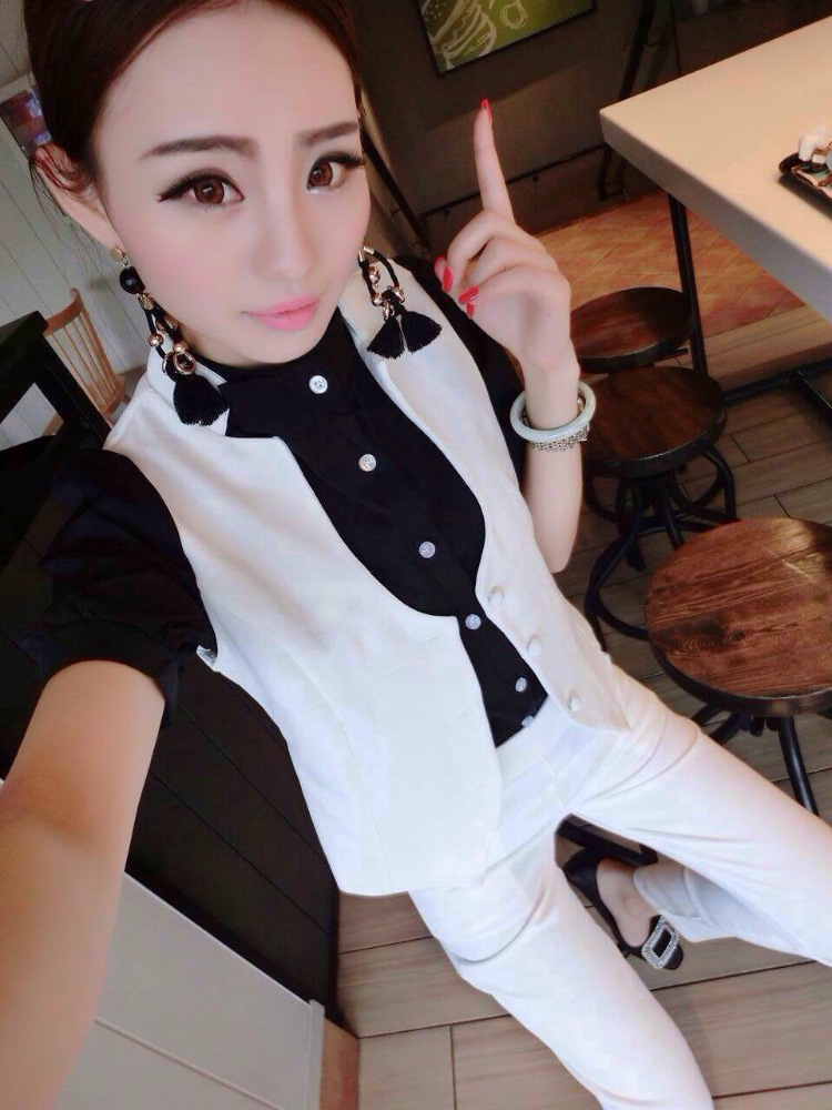 布咪朵2015新款女装时尚修身马甲高腰长裤套装1349T443B 黑色 S