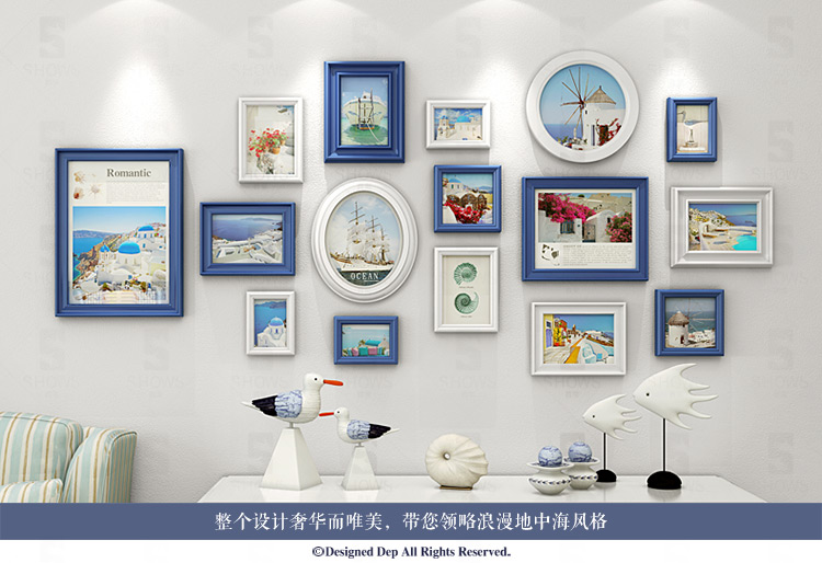 
                                        首玺 简欧餐厅照片墙地中海挂墙相框墙欧式小客厅创意相片墙W16 情迷地中海-蓝白框 整体尺寸170cmX78cm                