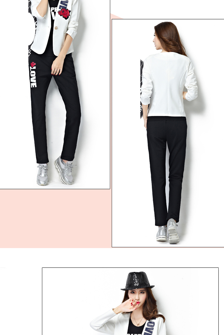 歌妮萱2015秋装新款时尚休闲印花长袖三件套 西服外套女 白色 XXXL