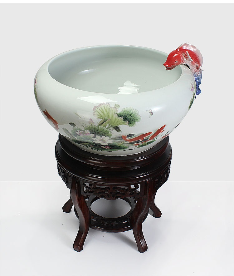 
                                        养荷花 水箱族包邮 景德镇陶瓷金鱼缸  手绘清荷过滤喷水风水乌龟缸 榆木底座风水摆件 D款                