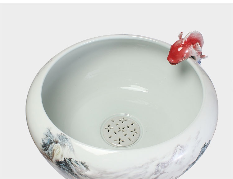 
                                        养荷花 水箱族包邮 景德镇陶瓷金鱼缸  手绘清荷过滤喷水风水乌龟缸 榆木底座风水摆件 D款                